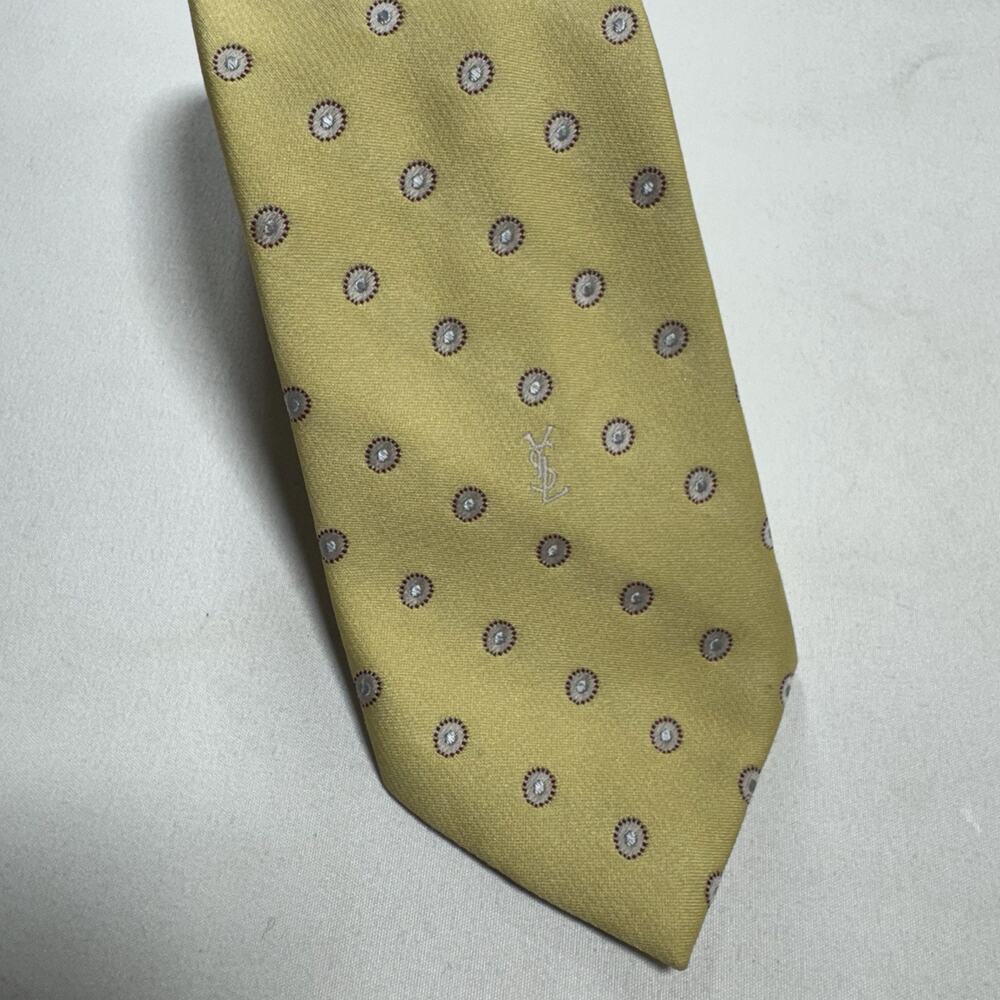 Yves Saint Laurent YSL Silk Necktie Gold Yellow Medallion New York Paris VTG
